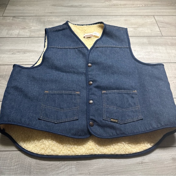Vintage Sears Roebucks Western Wear Sherpa Vest Mens XL Biker Cowboy Denim Blue - Picture 10 of 14